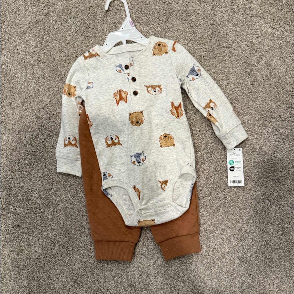Carter's Gray Animal Print Onesie and Brown Pants Set